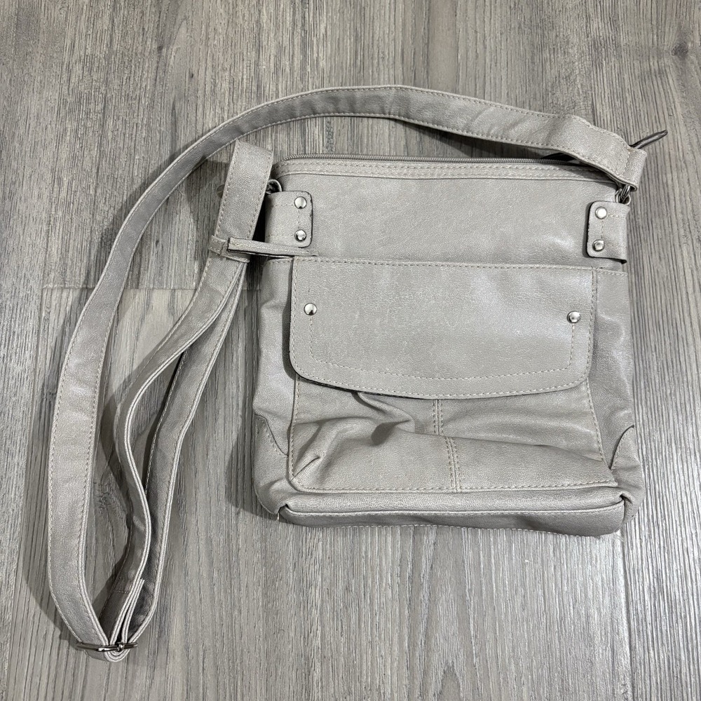 Emilie M. Faux Leather Crossbody Bag Beige Classic Travel Pockets Adjustable
